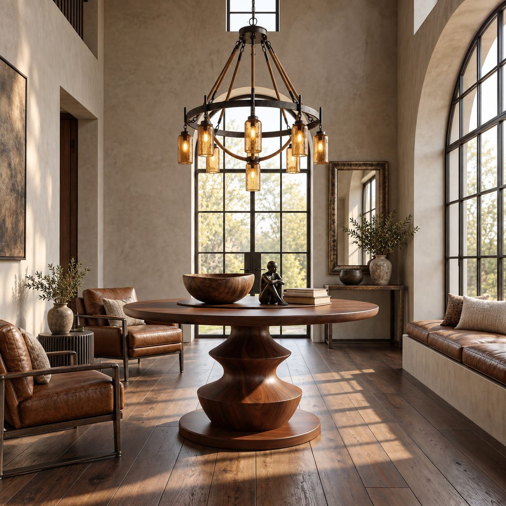 Round Entryway Table with Turned Stacked Bulb Pedestal, Modern Solid Wood Foyer Table for Hallway