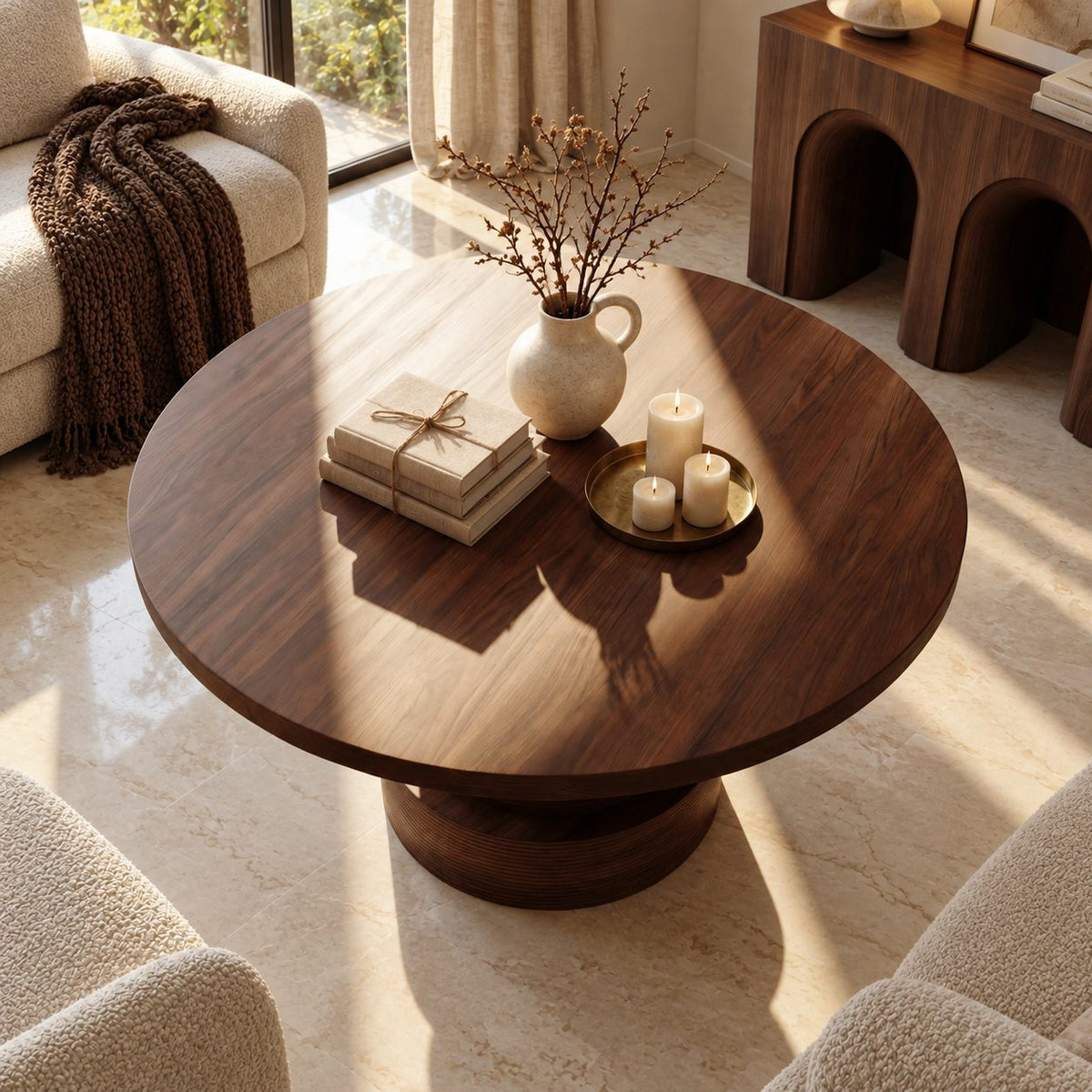 Round Foyer Table with Stacked Drum Pedestal, Organic Solid Wood Entryway and Living Room Table