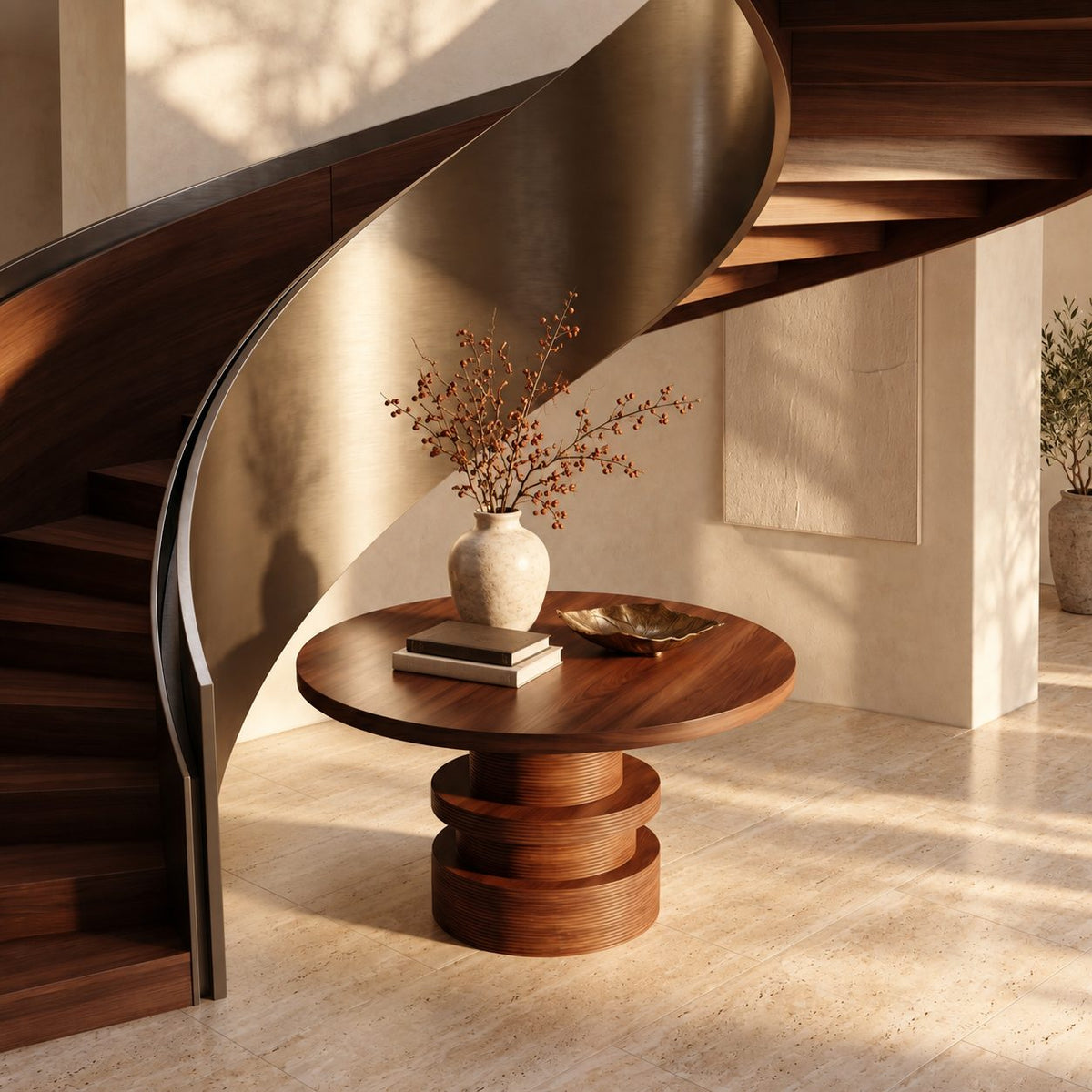 Round Foyer Table with Stacked Drum Pedestal, Organic Solid Wood Entryway and Living Room Table