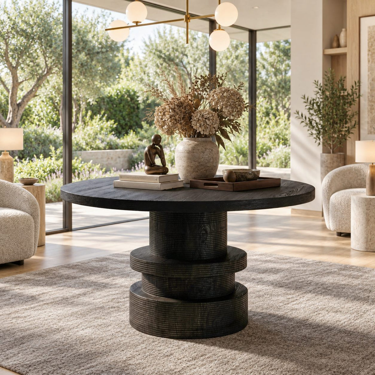 Round Foyer Table with Stacked Drum Pedestal, Organic Solid Wood Entryway and Living Room Table