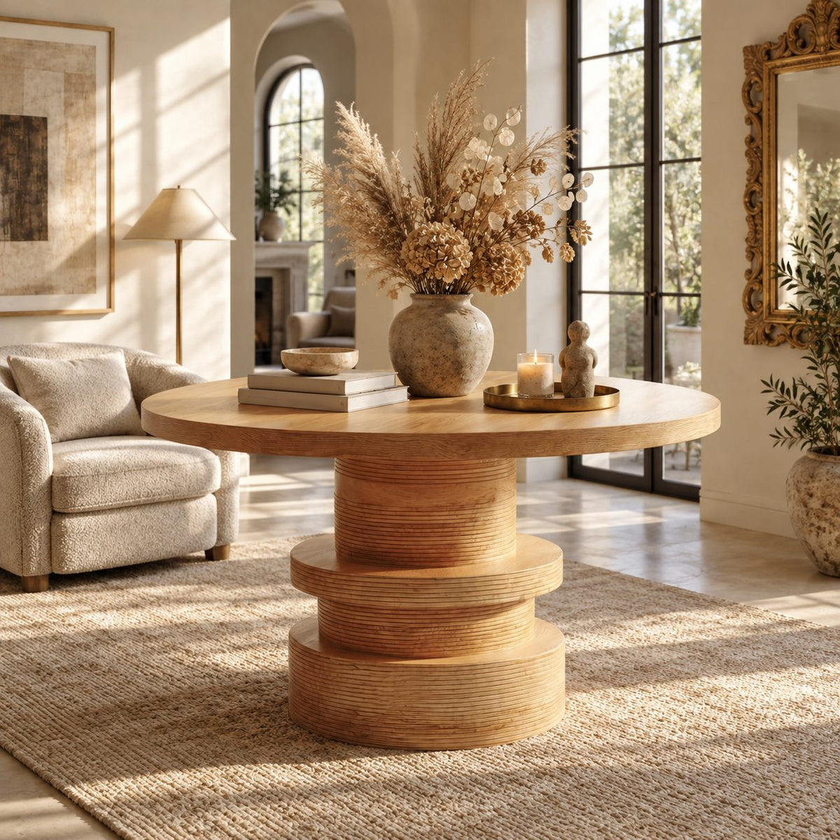 Round Foyer Table with Stacked Drum Pedestal, Organic Solid Wood Entryway and Living Room Table