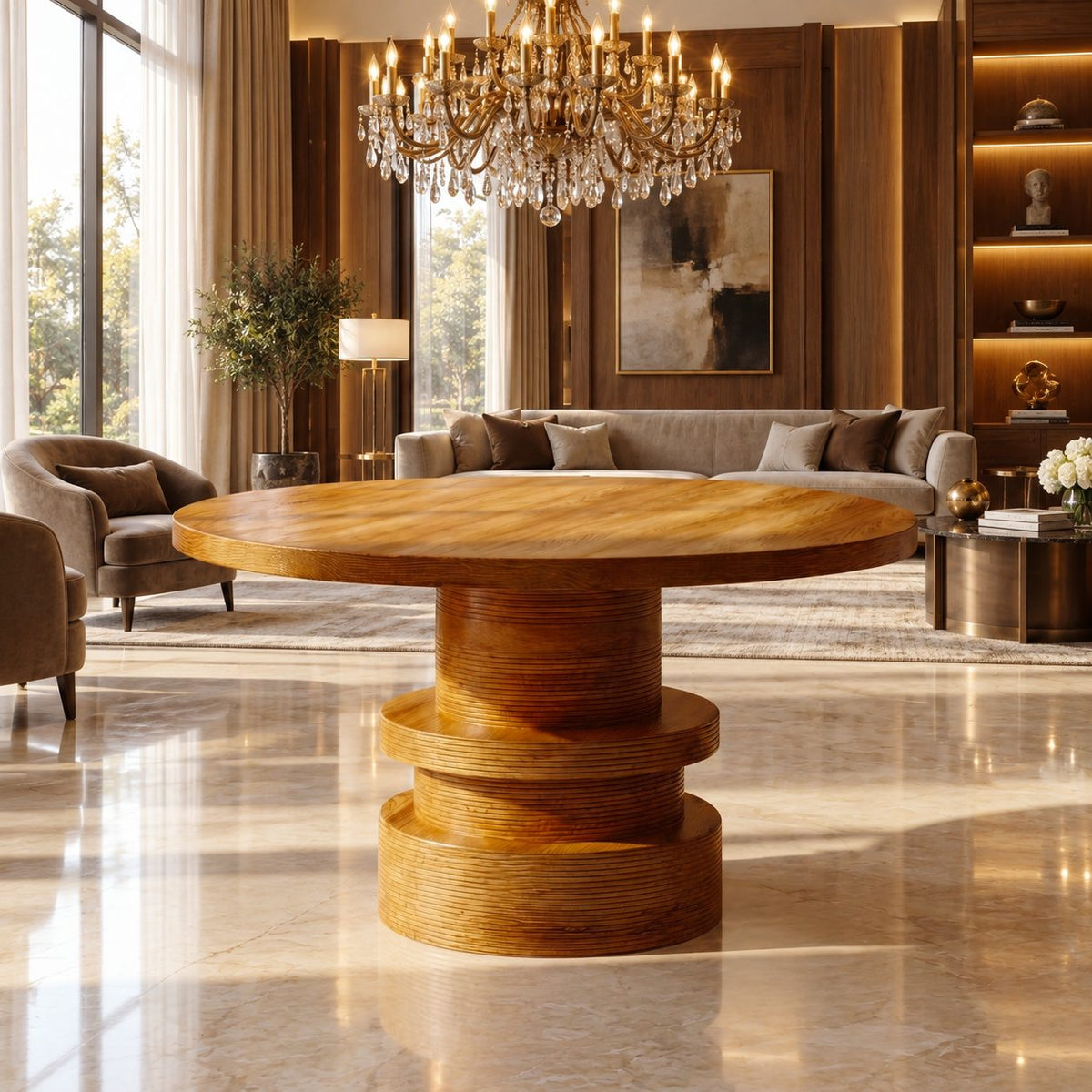 Round Foyer Table with Stacked Drum Pedestal, Organic Solid Wood Entryway and Living Room Table