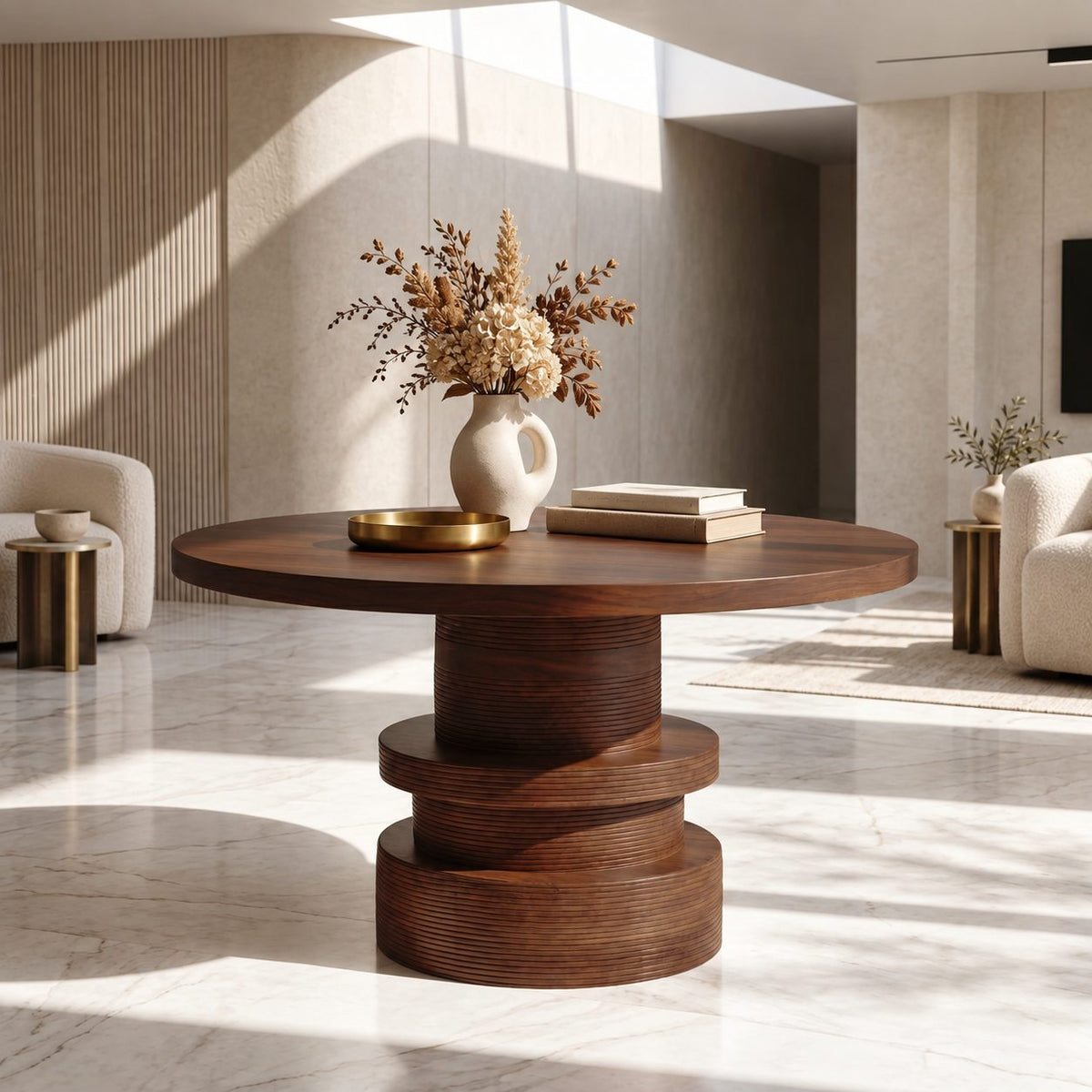 Round Foyer Table with Stacked Drum Pedestal, Organic Solid Wood Entryway and Living Room Table