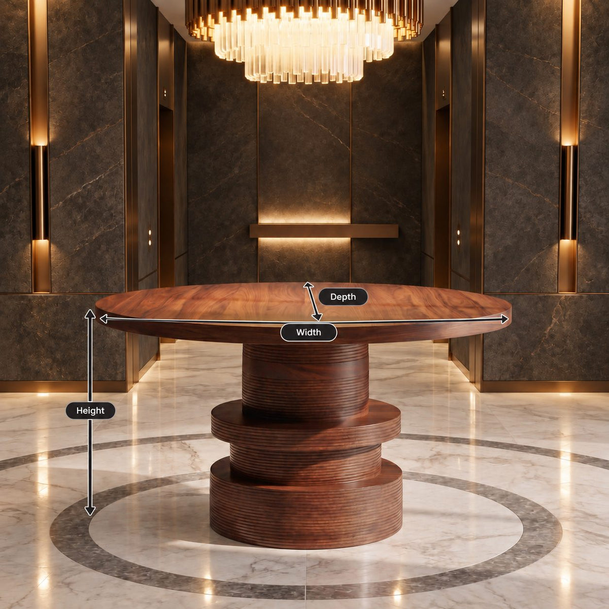 Round Foyer Table with Stacked Drum Pedestal, Organic Solid Wood Entryway and Living Room Table
