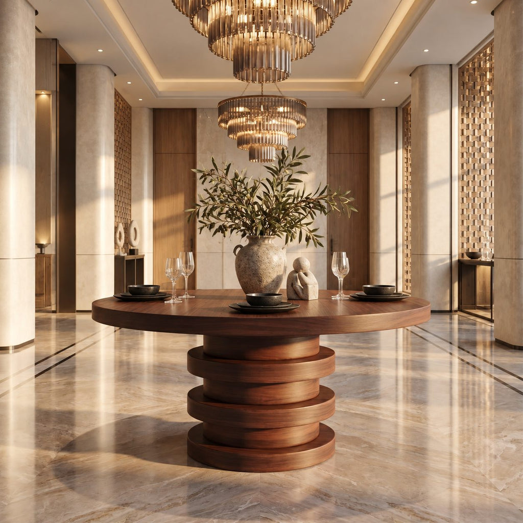 Round Entryway Table with Stacked Ring Column Base, Architectural Solid Wood Foyer Table for Lobby