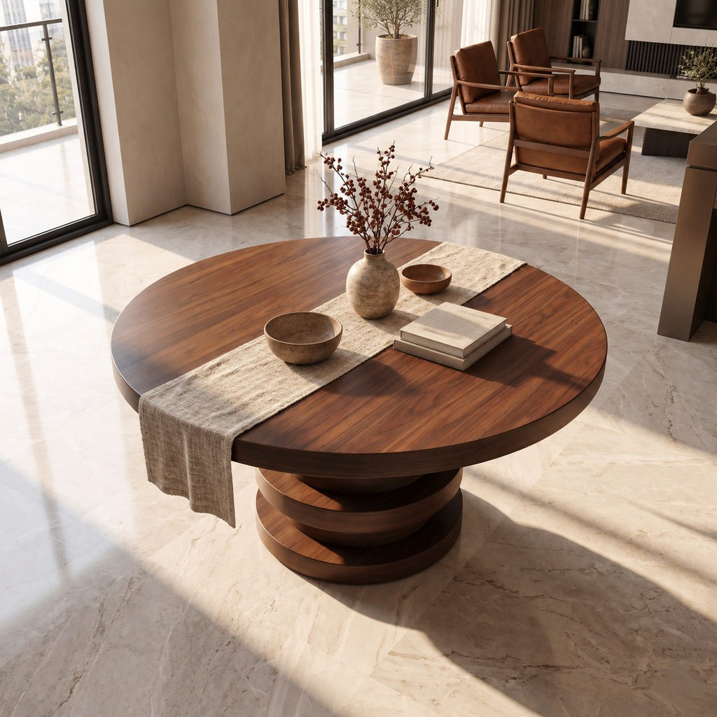 Round Entryway Table with Stacked Ring Column Base, Architectural Solid Wood Foyer Table for Lobby