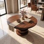 Round Entryway Table with Stacked Ring Column Base, Architectural Solid Wood Foyer Table for Lobby