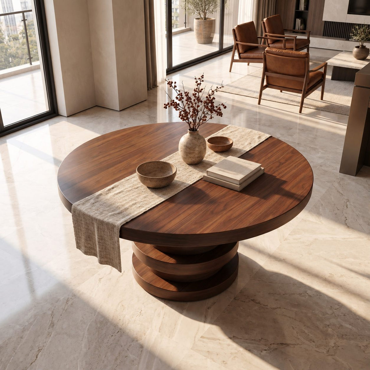 Round Entryway Table with Stacked Ring Column Base, Architectural Solid Wood Foyer Table for Lobby