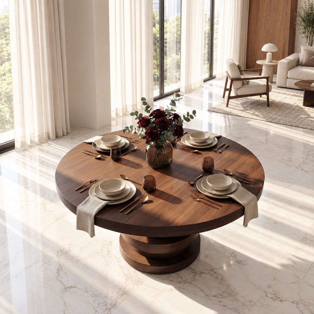 Round Entryway Table with Stacked Ring Column Base, Architectural Solid Wood Foyer Table for Lobby