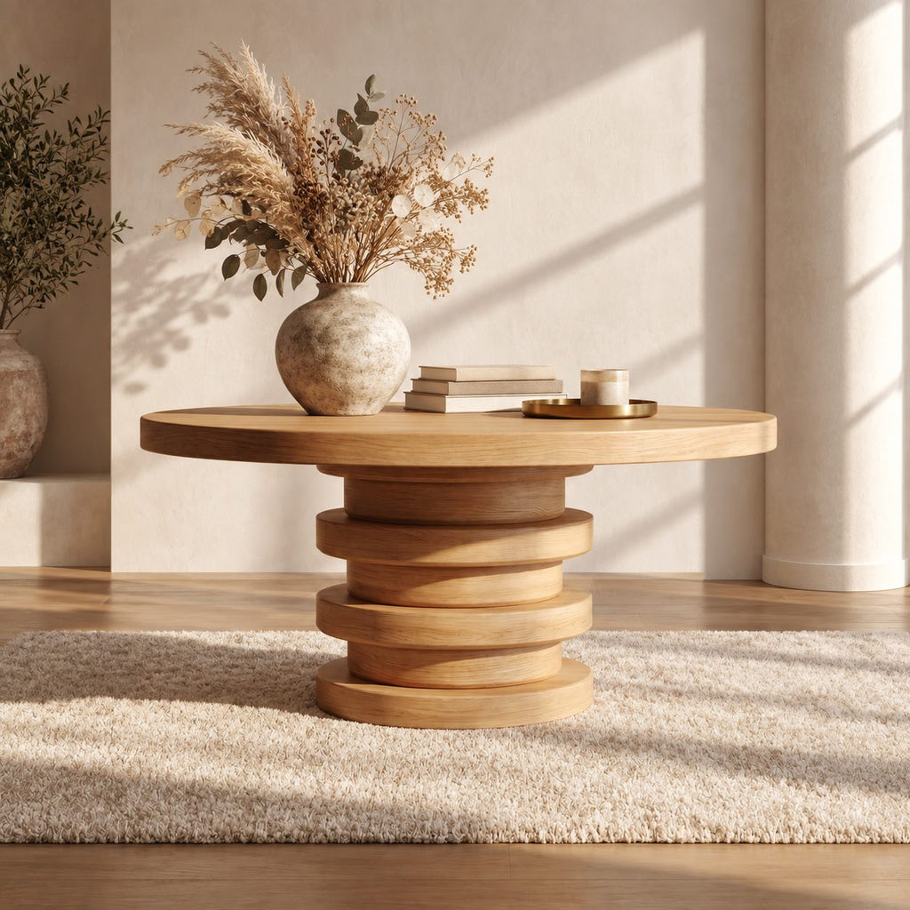 Round Entryway Table with Stacked Ring Column Base, Architectural Solid Wood Foyer Table for Lobby