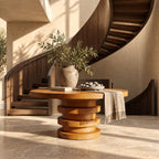 Round Entryway Table with Stacked Ring Column Base, Architectural Solid Wood Foyer Table for Lobby