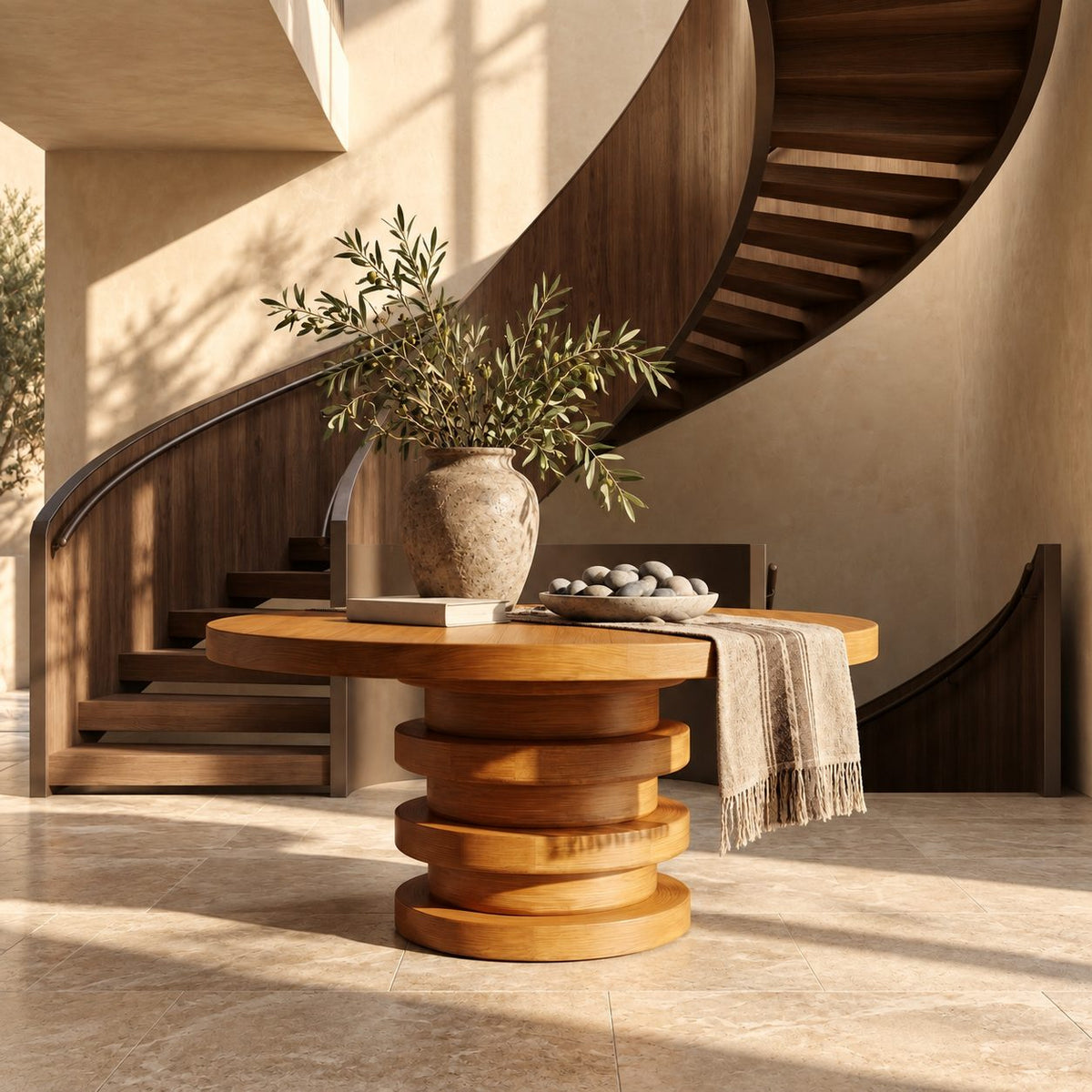 Round Entryway Table with Stacked Ring Column Base, Architectural Solid Wood Foyer Table for Lobby