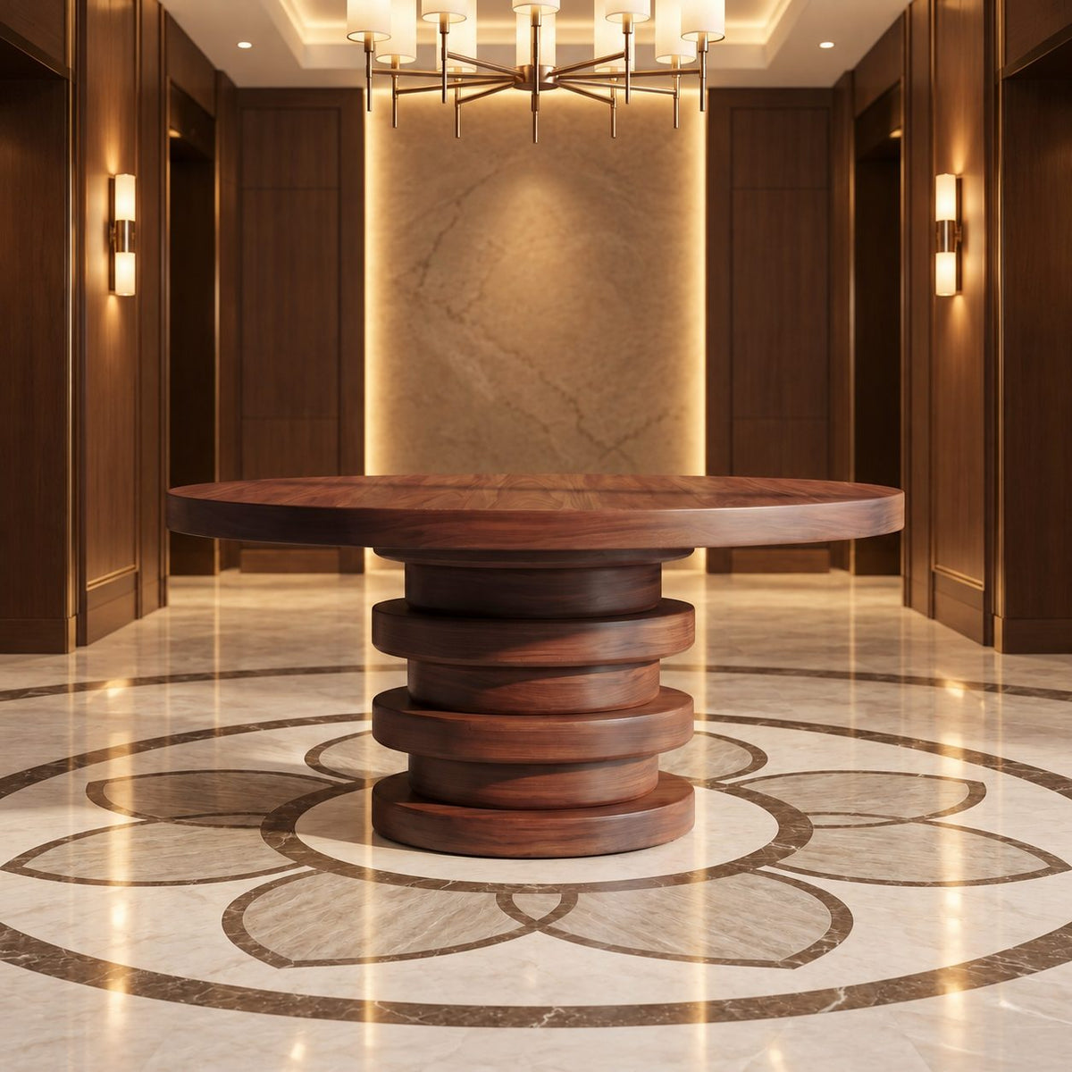 Round Entryway Table with Stacked Ring Column Base, Architectural Solid Wood Foyer Table for Lobby