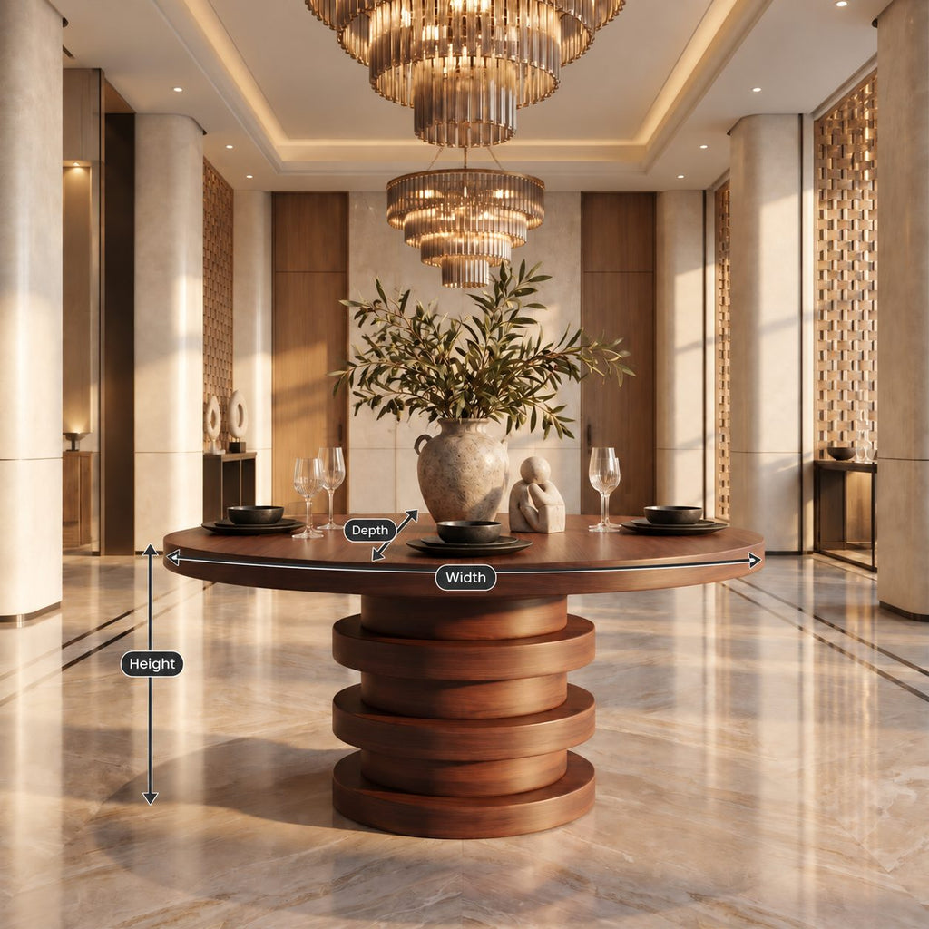 Round Entryway Table with Stacked Ring Column Base, Architectural Solid Wood Foyer Table for Lobby