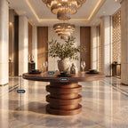 Round Entryway Table with Stacked Ring Column Base, Architectural Solid Wood Foyer Table for Lobby