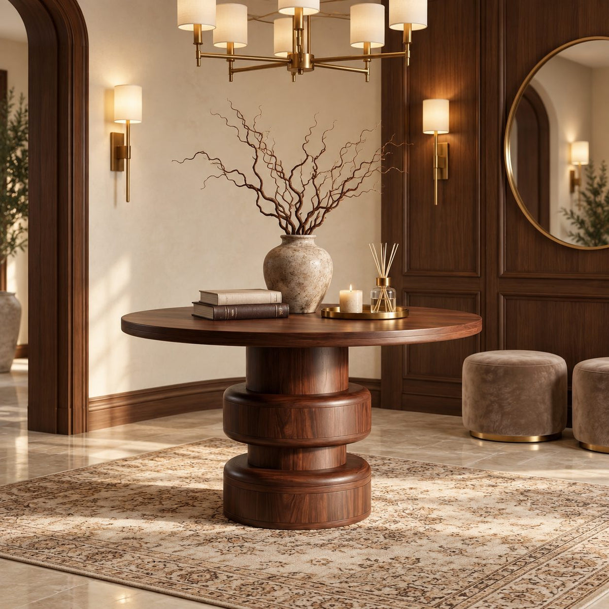 Round Foyer Table with Bulging Double Drum Pedestal, Modern Geometric Solid Wood Entryway Table