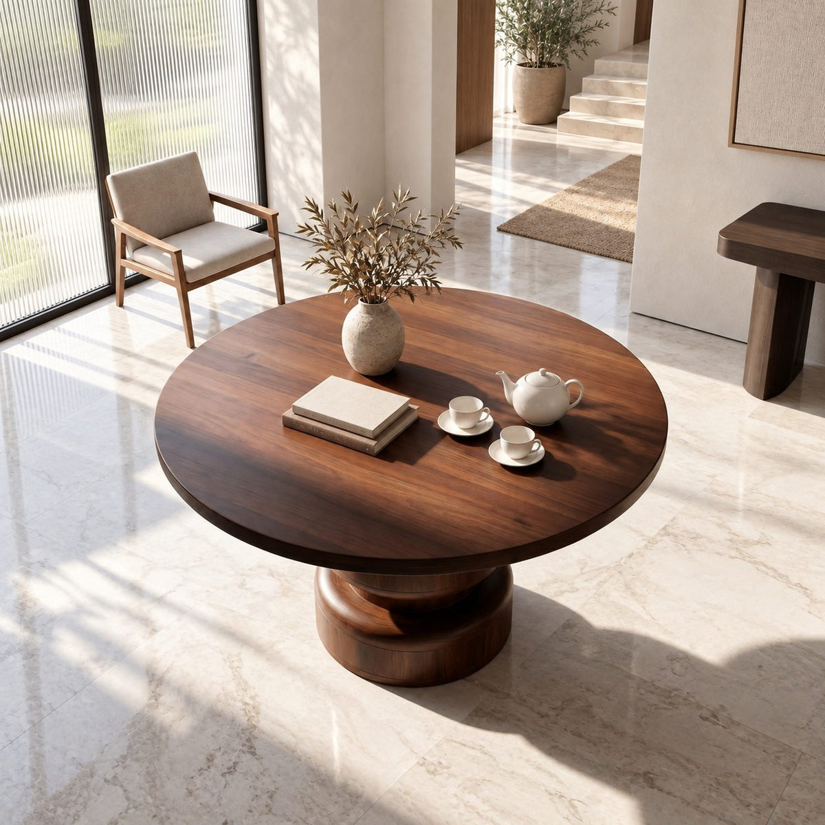 Round Foyer Table with Bulging Double Drum Pedestal, Modern Geometric Solid Wood Entryway Table