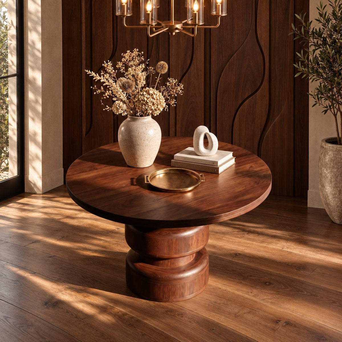 Round Foyer Table with Bulging Double Drum Pedestal, Modern Geometric Solid Wood Entryway Table