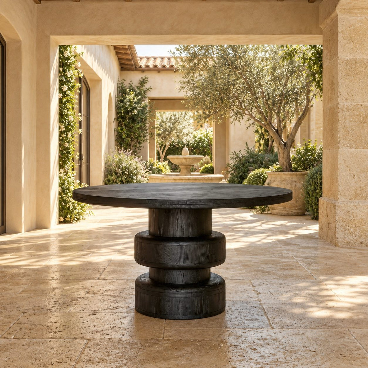 Round Foyer Table with Bulging Double Drum Pedestal, Modern Geometric Solid Wood Entryway Table