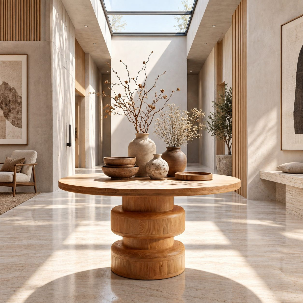 Round Foyer Table with Bulging Double Drum Pedestal, Modern Geometric Solid Wood Entryway Table