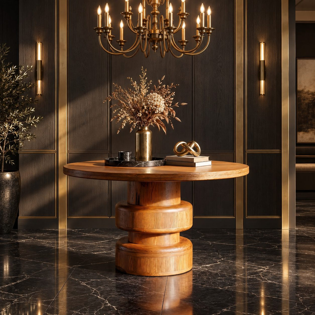 Round Foyer Table with Bulging Double Drum Pedestal, Modern Geometric Solid Wood Entryway Table