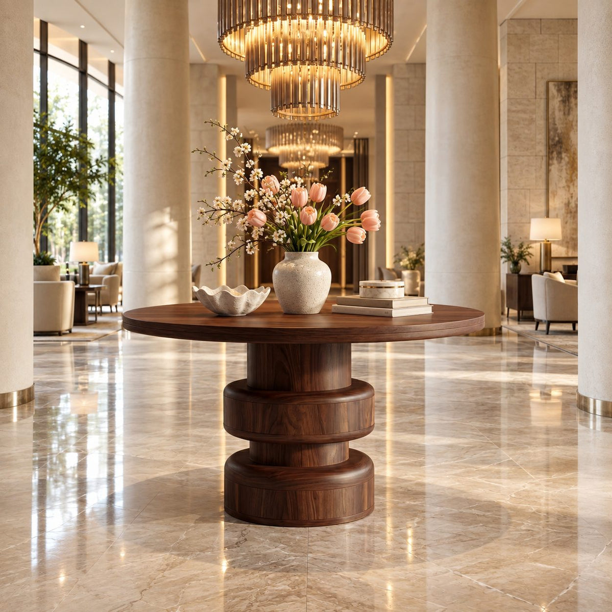 Round Foyer Table with Bulging Double Drum Pedestal, Modern Geometric Solid Wood Entryway Table