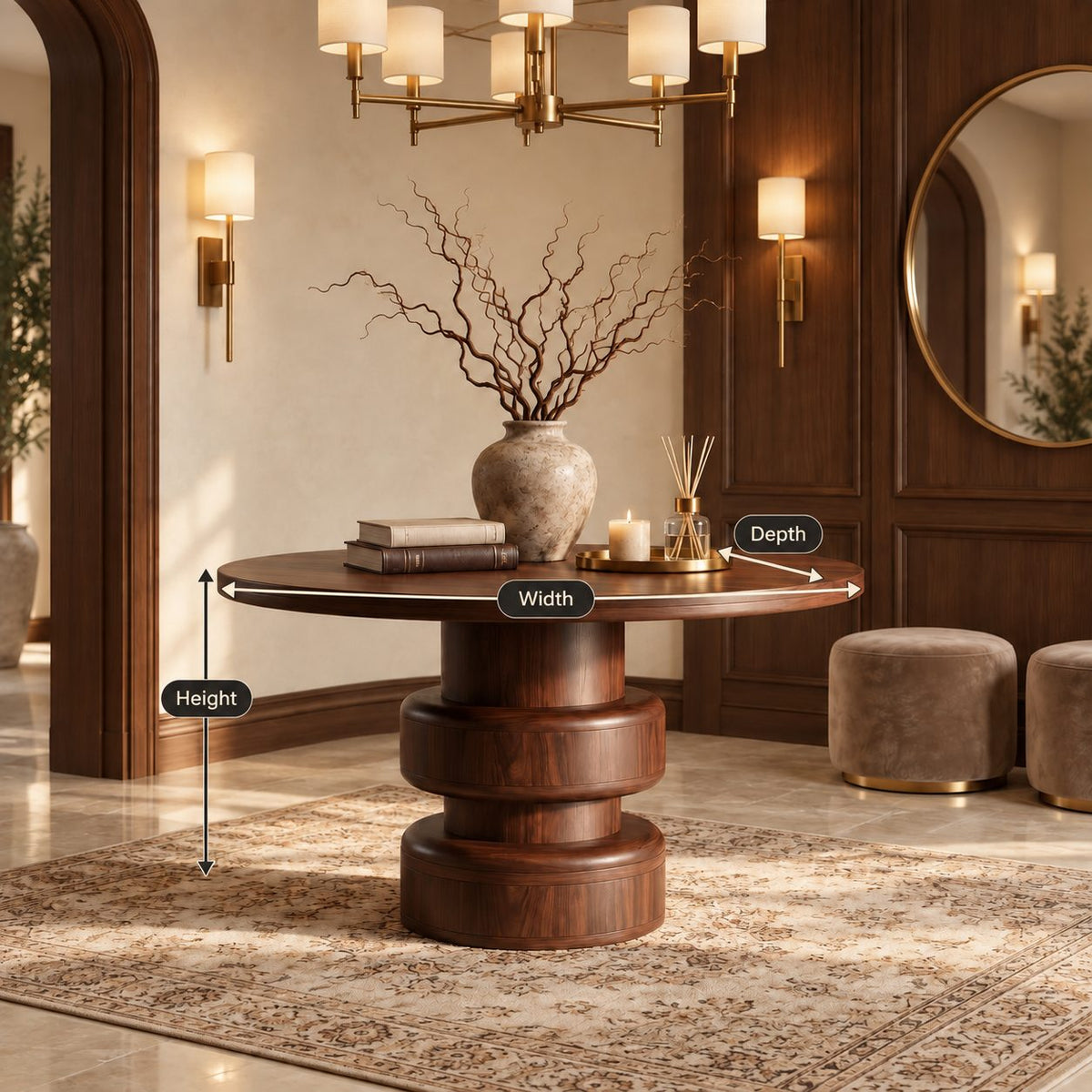 Round Foyer Table with Bulging Double Drum Pedestal, Modern Geometric Solid Wood Entryway Table