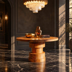Round Foyer Table with Stepped Cylinder Pedestal Base, Modern Sculptural Solid Wood Entry Table
