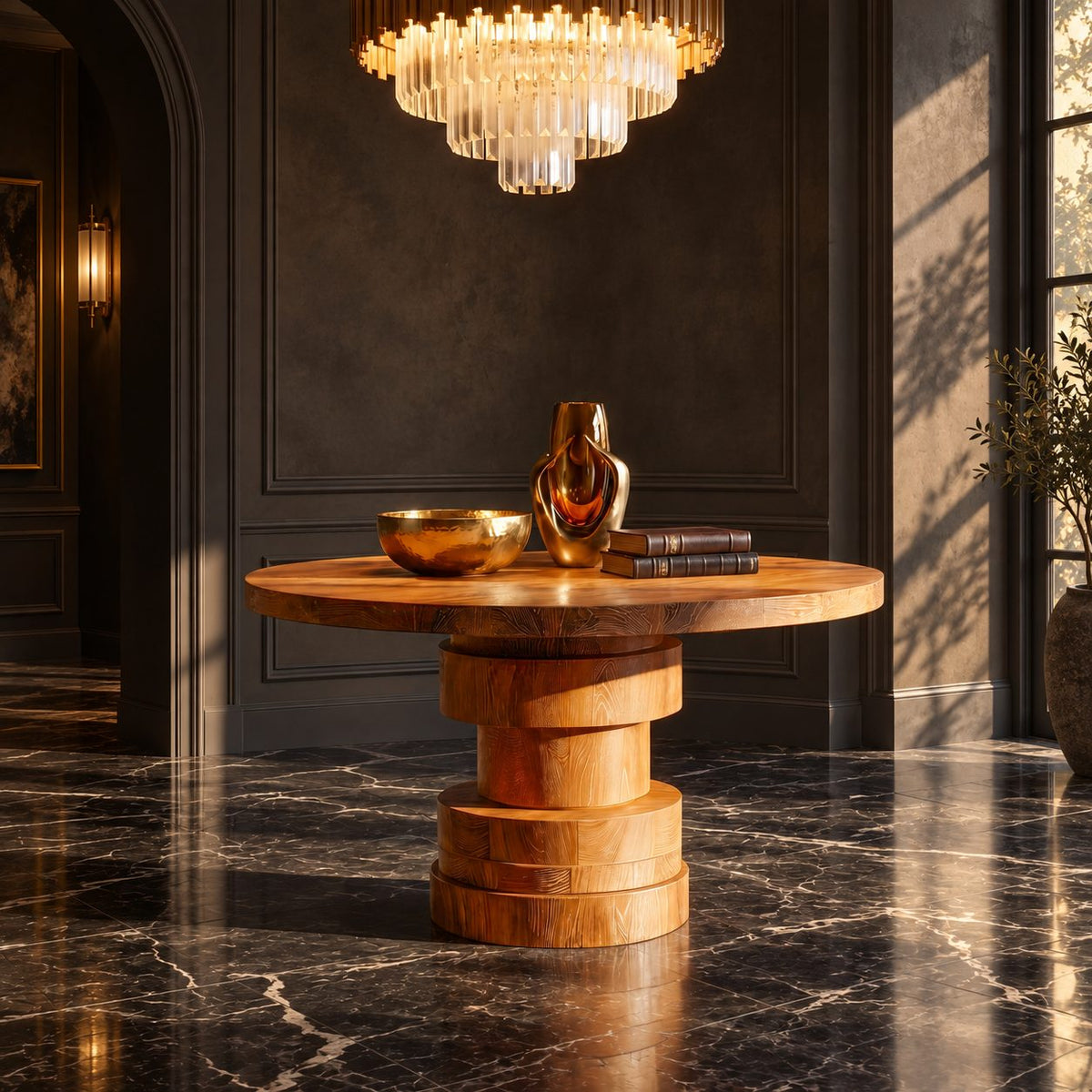 Round Foyer Table with Stepped Cylinder Pedestal Base, Modern Sculptural Solid Wood Entry Table