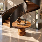 Round Foyer Table with Stepped Cylinder Pedestal Base, Modern Sculptural Solid Wood Entry Table