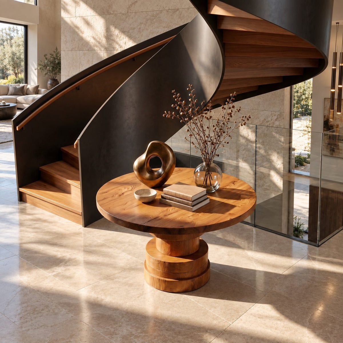 Round Foyer Table with Stepped Cylinder Pedestal Base, Modern Sculptural Solid Wood Entry Table