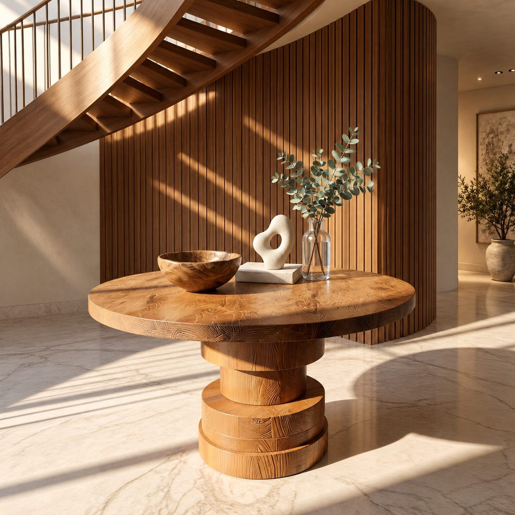 Round Foyer Table with Stepped Cylinder Pedestal Base, Modern Sculptural Solid Wood Entry Table