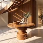 Round Foyer Table with Stepped Cylinder Pedestal Base, Modern Sculptural Solid Wood Entry Table