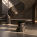 Round Foyer Table with Stepped Cylinder Pedestal Base, Modern Sculptural Solid Wood Entry Table