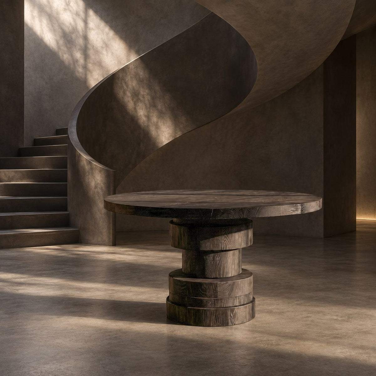 Round Foyer Table with Stepped Cylinder Pedestal Base, Modern Sculptural Solid Wood Entry Table