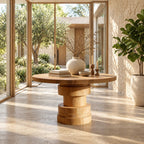 Round Foyer Table with Stepped Cylinder Pedestal Base, Modern Sculptural Solid Wood Entry Table