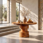 Round Foyer Table with Stepped Cylinder Pedestal Base, Modern Sculptural Solid Wood Entry Table