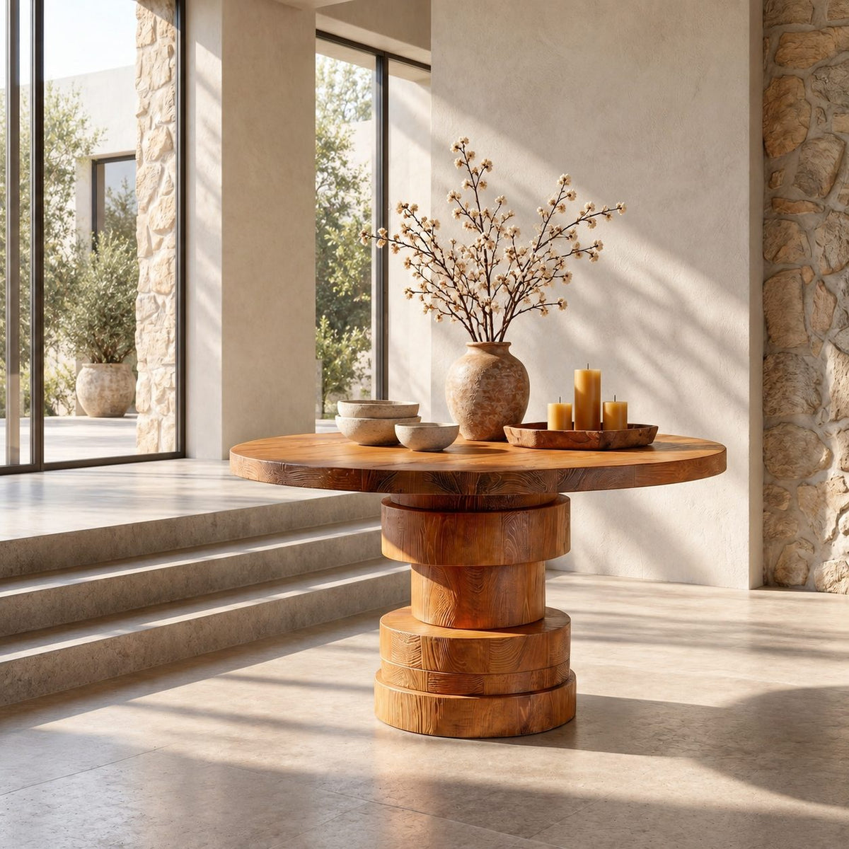 Round Foyer Table with Stepped Cylinder Pedestal Base, Modern Sculptural Solid Wood Entry Table