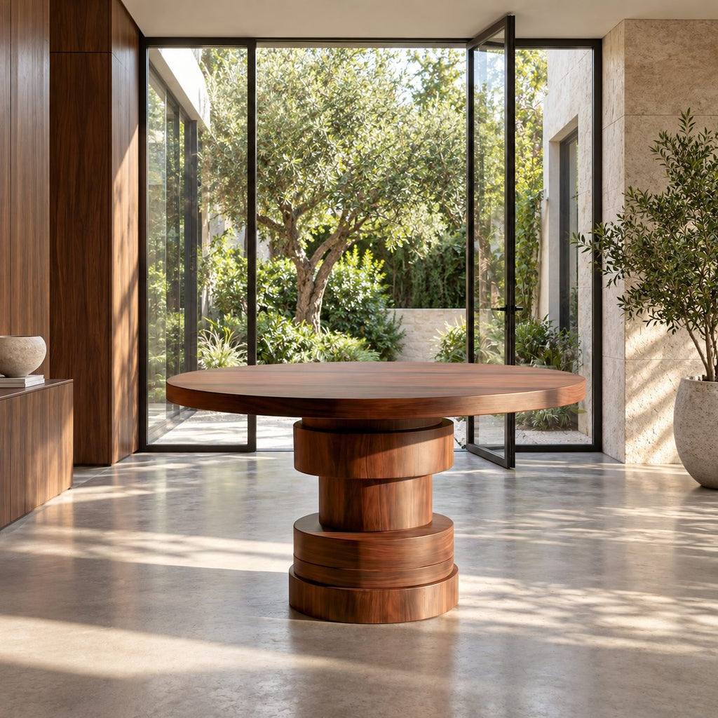 Round Foyer Table with Stepped Cylinder Pedestal Base, Modern Sculptural Solid Wood Entry Table