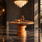 Round Foyer Table with Stepped Cylinder Pedestal Base, Modern Sculptural Solid Wood Entry Table