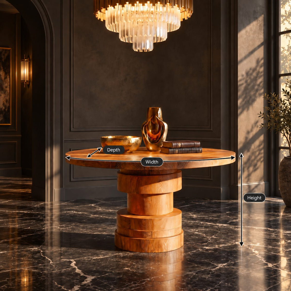 Round Foyer Table with Stepped Cylinder Pedestal Base, Modern Sculptural Solid Wood Entry Table