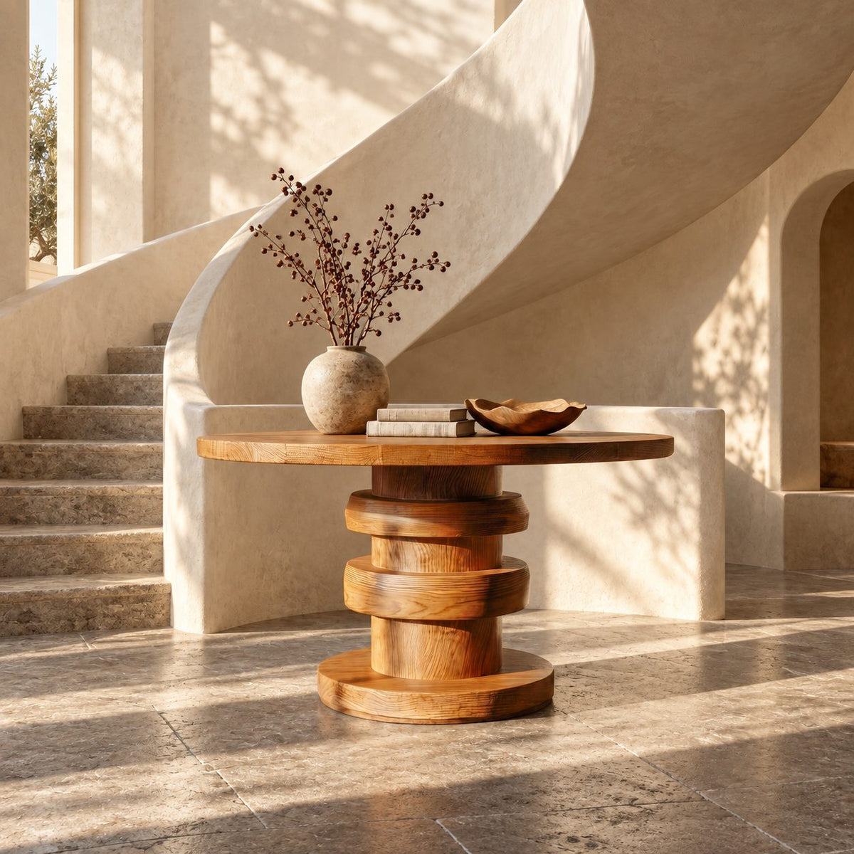 Architectural Round Foyer Table with Alternating Ring Pedestal and Disc Foot, Solid Wood Entry Table
