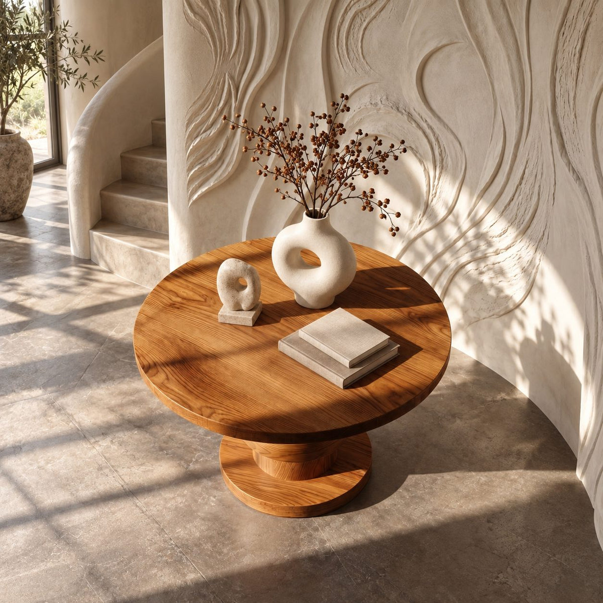 Architectural Round Foyer Table with Alternating Ring Pedestal and Disc Foot, Solid Wood Entry Table