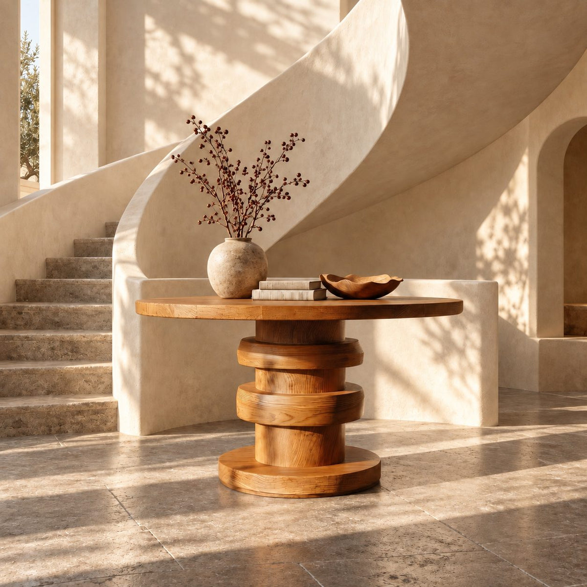 Architectural Round Foyer Table with Alternating Ring Pedestal and Disc Foot, Solid Wood Entry Table