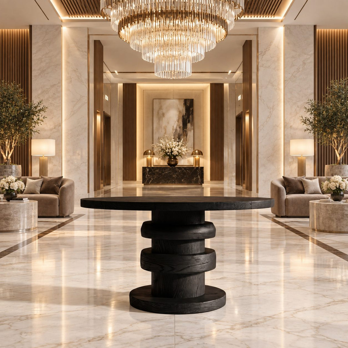 Architectural Round Foyer Table with Alternating Ring Pedestal and Disc Foot, Solid Wood Entry Table