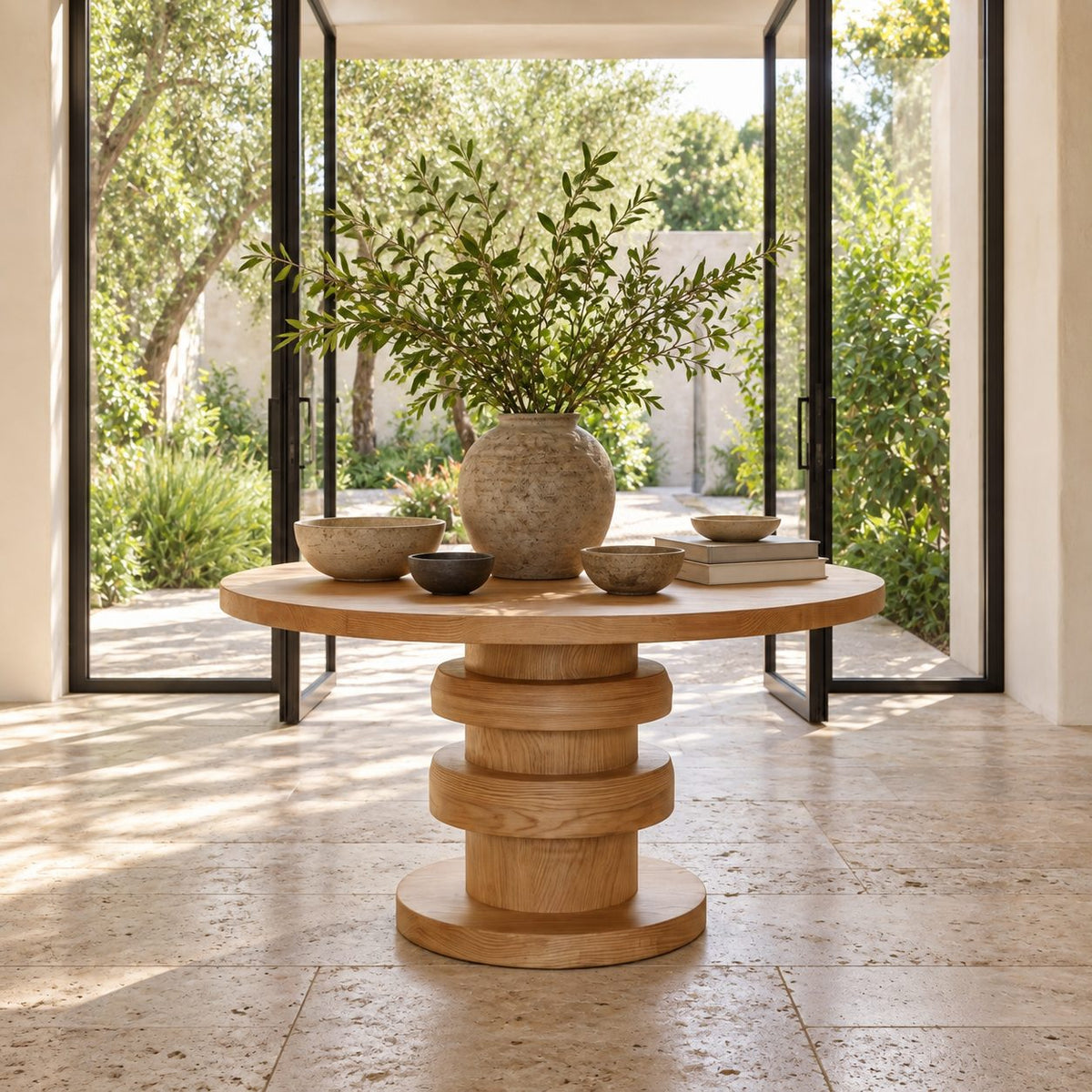 Architectural Round Foyer Table with Alternating Ring Pedestal and Disc Foot, Solid Wood Entry Table