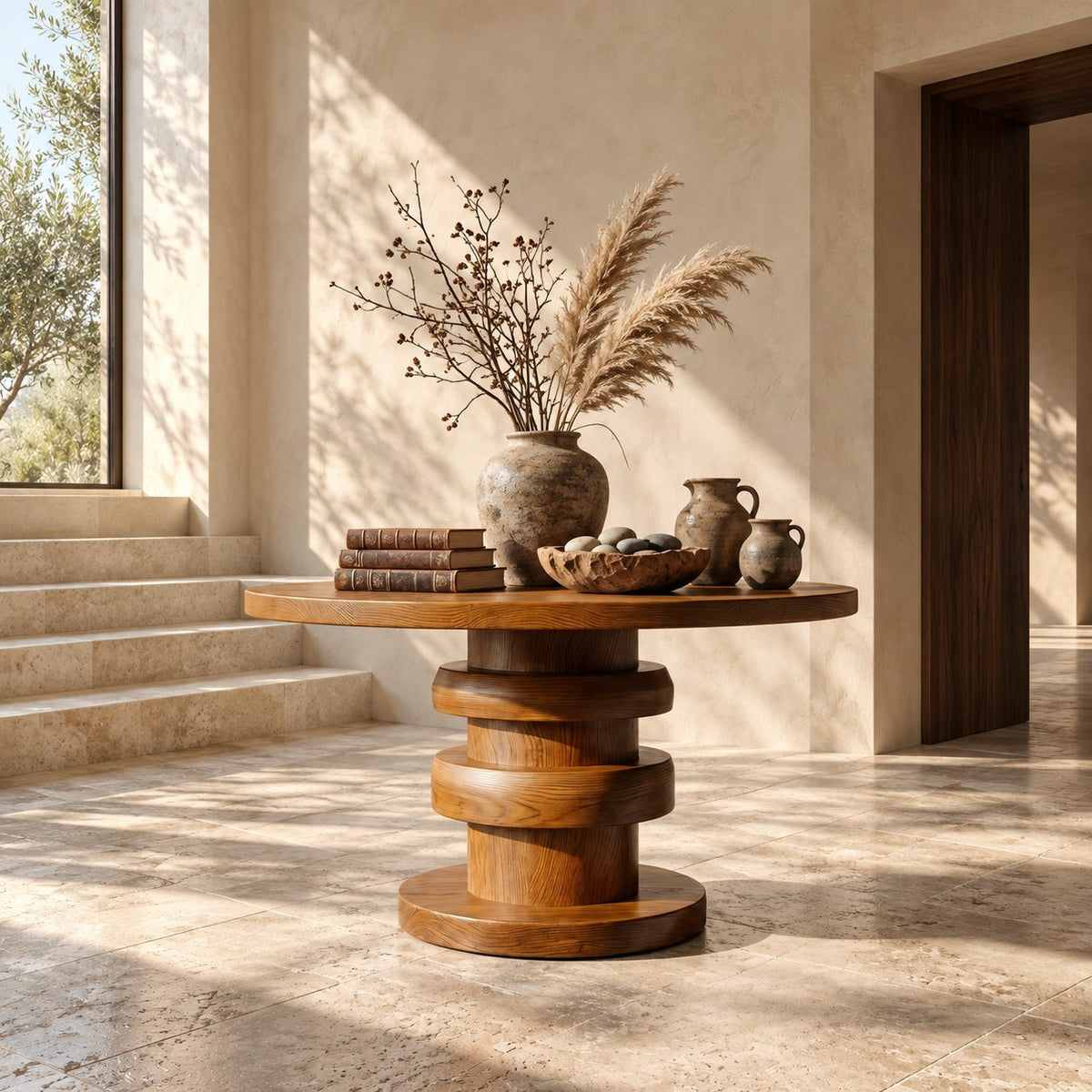 Architectural Round Foyer Table with Alternating Ring Pedestal and Disc Foot, Solid Wood Entry Table