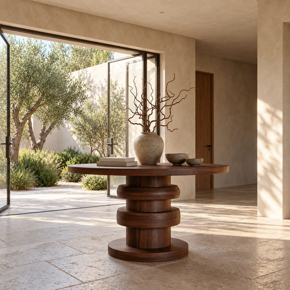 Architectural Round Foyer Table with Alternating Ring Pedestal and Disc Foot, Solid Wood Entry Table