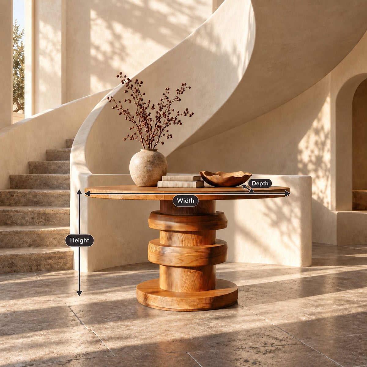Architectural Round Foyer Table with Alternating Ring Pedestal and Disc Foot, Solid Wood Entry Table