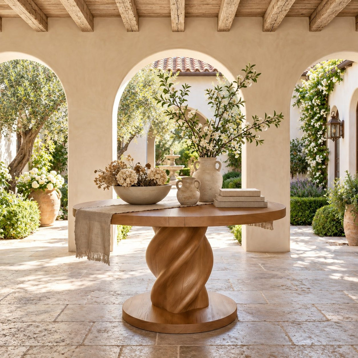 Round Entry Table with Rope Twist Pedestal on Wide Round Plinth, Statement Solid Wood Foyer Table